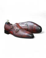 Soft goat leather lining of Burgundy Double Monk Woven Leather Shoes by Leather Edges, ensuring all-day comfort and breathability.