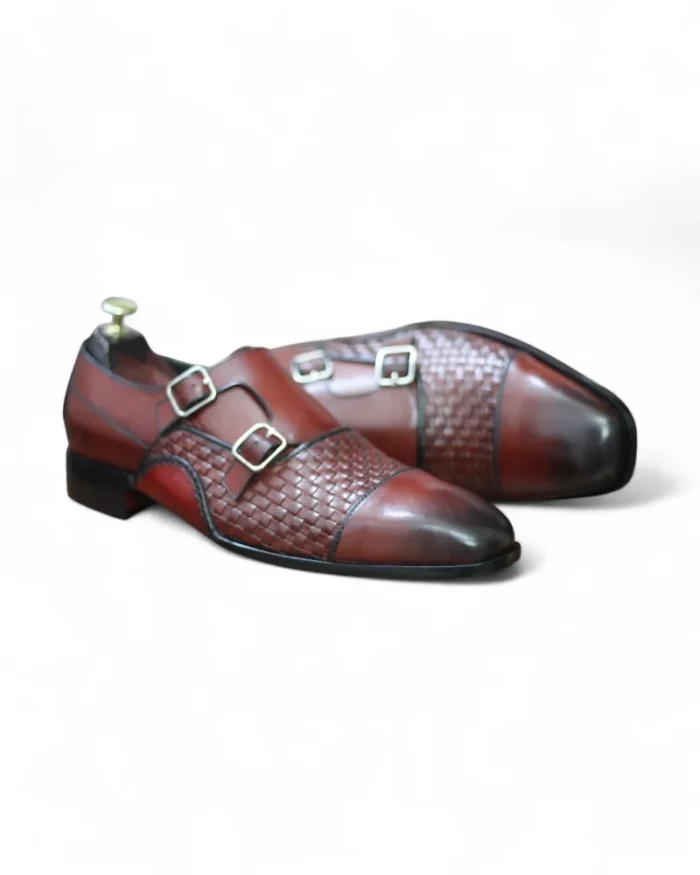 Soft goat leather lining of Burgundy Double Monk Woven Leather Shoes by Leather Edges, ensuring all-day comfort and breathability.