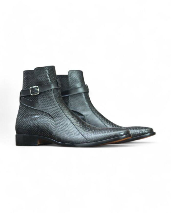 Men’s Handmade Black Python Texture Leather Jodhpur Boots with Buckle Strap