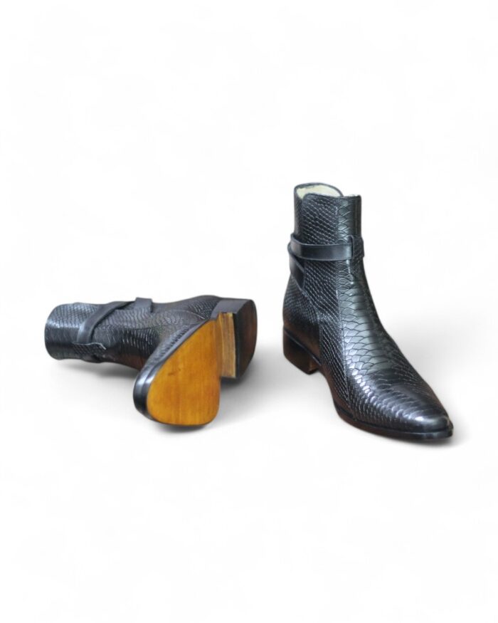 Men’s Handmade Black Python Texture Leather Jodhpur Boots with Buckle Strap