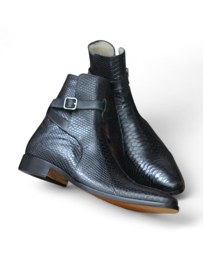 Men’s Handmade Black Python Texture Leather Jodhpur Boots with Buckle Strap