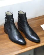 Men’s Handmade Black Python Texture Leather Jodhpur Boots with Buckle Strap