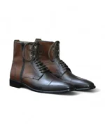 Side view of Brown Cap Toe Leather Ankle Boots with Zipper and Lace-Up Closure