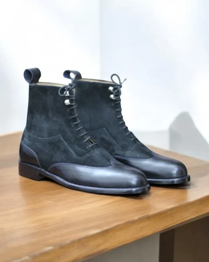 Men Handamde Black Two tone Suede and Leather Ankle Boots (1) Stylish Men’s Two-Tone Suede and Leather Lace-Up Ankle Boots - Leather Edges