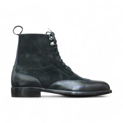 Men’s Handmade Black Two-Tone Suede and Leather Ankle Boots Lace-Up - Leather Edges