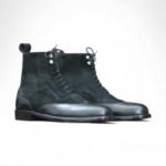 Close-up view of Men's Black Two-Tone Suede and Leather Ankle Boots Lace-Up