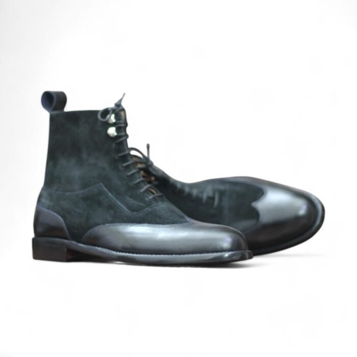 Side view of Handmade Black Suede and Leather Lace-Up Ankle Boots for Men