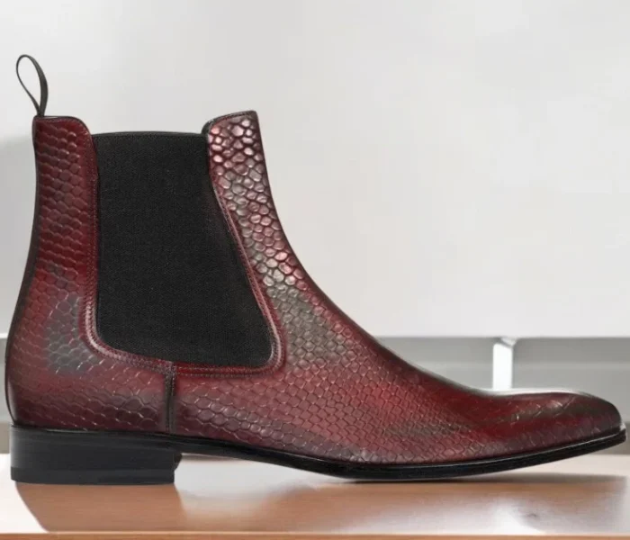 Men Handamde Chelea boots for Mens Python Texture Leather Burgundy Leather Boots