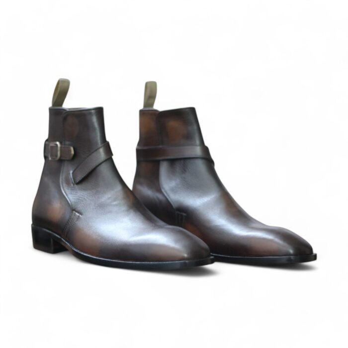 Premium Patina Leather Boots with Burnish Toe and Buckle Detail