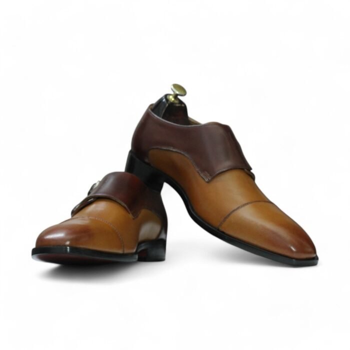 Men’s Handmade Brown Double Monk Leather Cap Toe Designer Shoes - Leather Edges