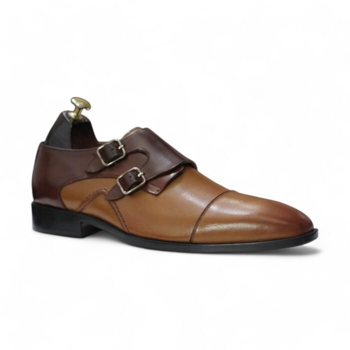 Premium Brown Cap Toe Double Monk Leather Shoes for Men