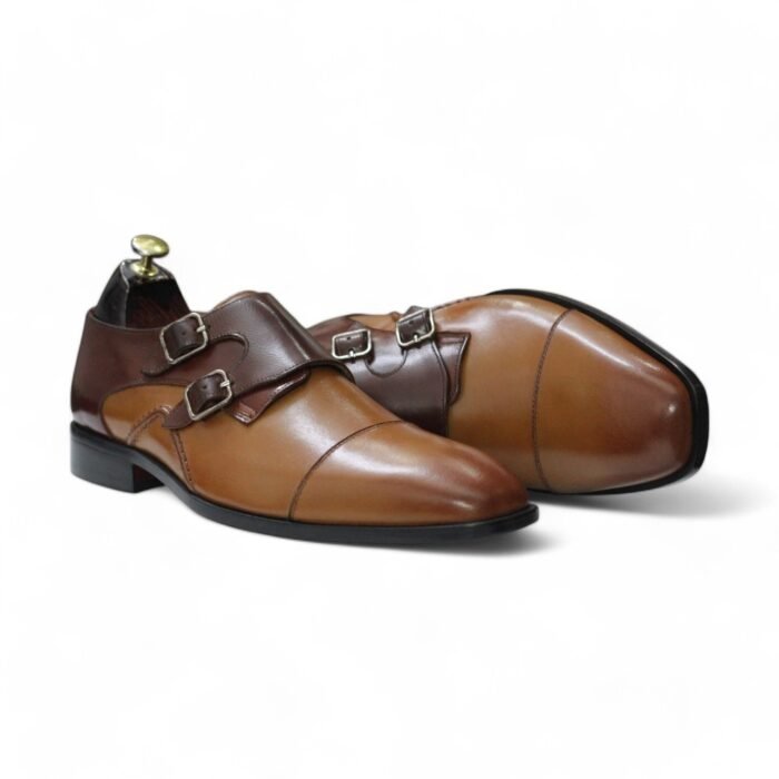 Handmade Brown Double Monk Leather Shoes with Cap Toe Detail