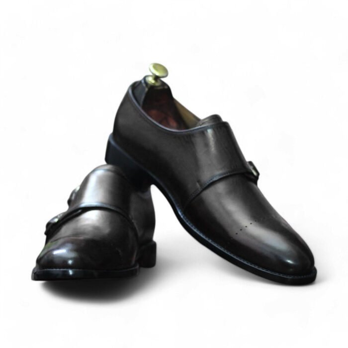 Men’s Black Double Monk Leather Boots Burnish Toe Cap Toe Style - Leather Edges