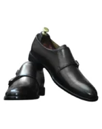 Men’s Black Double Monk Leather Boots Burnish Toe Cap Toe Style - Leather Edges