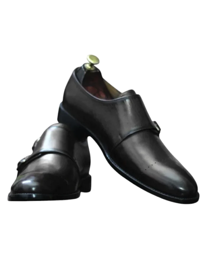 Men’s Black Double Monk Leather Boots Burnish Toe Cap Toe Style - Leather Edges