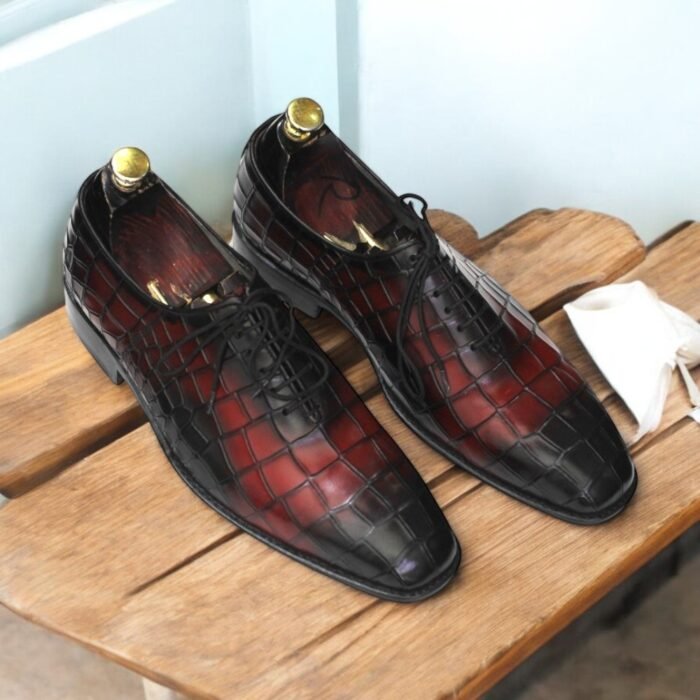 Burgundy Alligator Texture Leather Shoes with Leather Sole