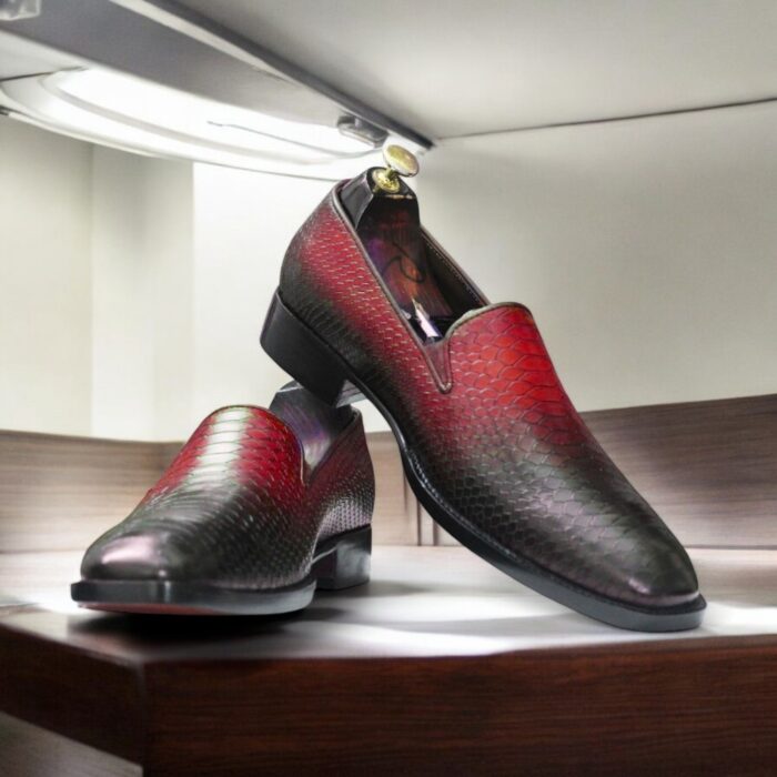 Burgundy Maroon Handpainted Two-Tone Python Texture Loafers for Men