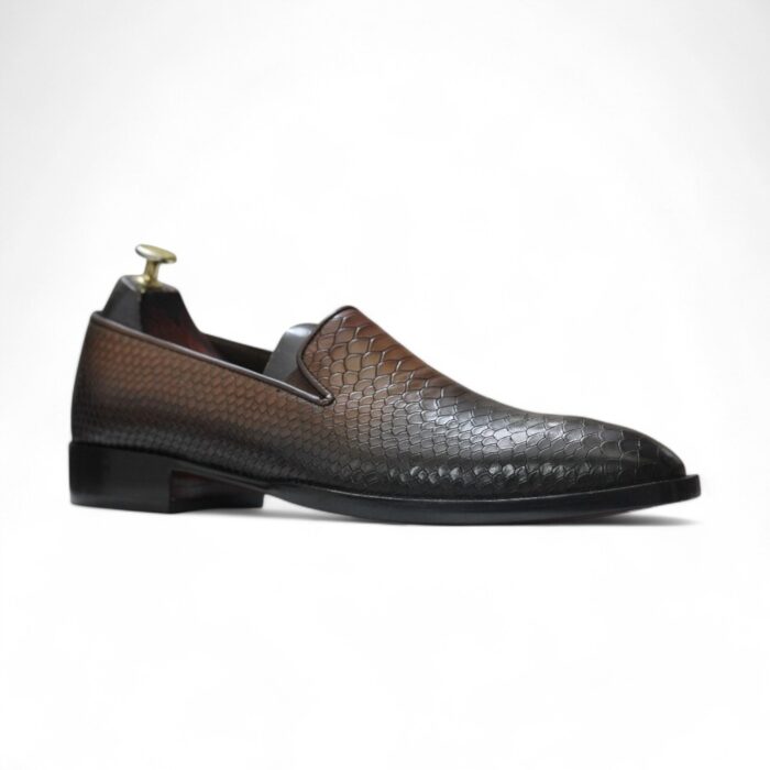 Brown Side view of Handpainted Two-Tone Python Texture Loafers for Men