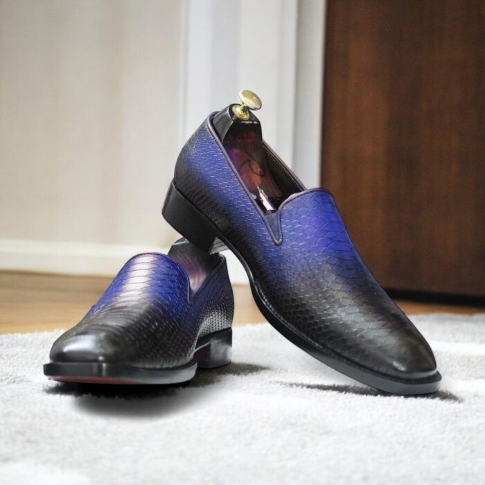Blue Stylish Handpainted Python Texture Loafers for Men – Leather Edges