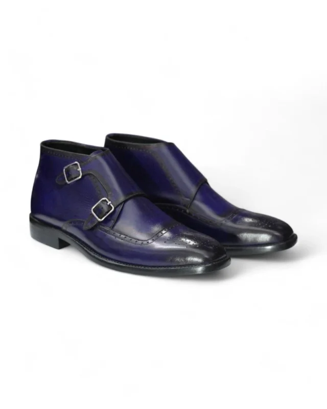Bespoke NAvy Blue handmade double monk strap ankle boots in dark brown genuine leather with soft goat lining and durable buffalo sole.