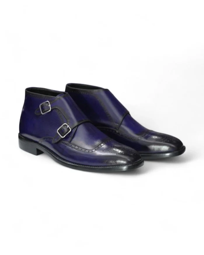 Bespoke NAvy Blue handmade double monk strap ankle boots in dark brown genuine leather with soft goat lining and durable buffalo sole.