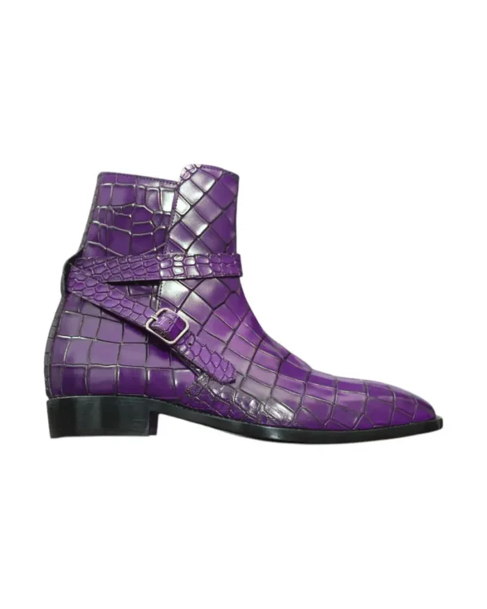 Back view of purple Alligator Texture Men's Jodhpur Boots by Leather Edges, highlighting the handcrafted finish and durable build.