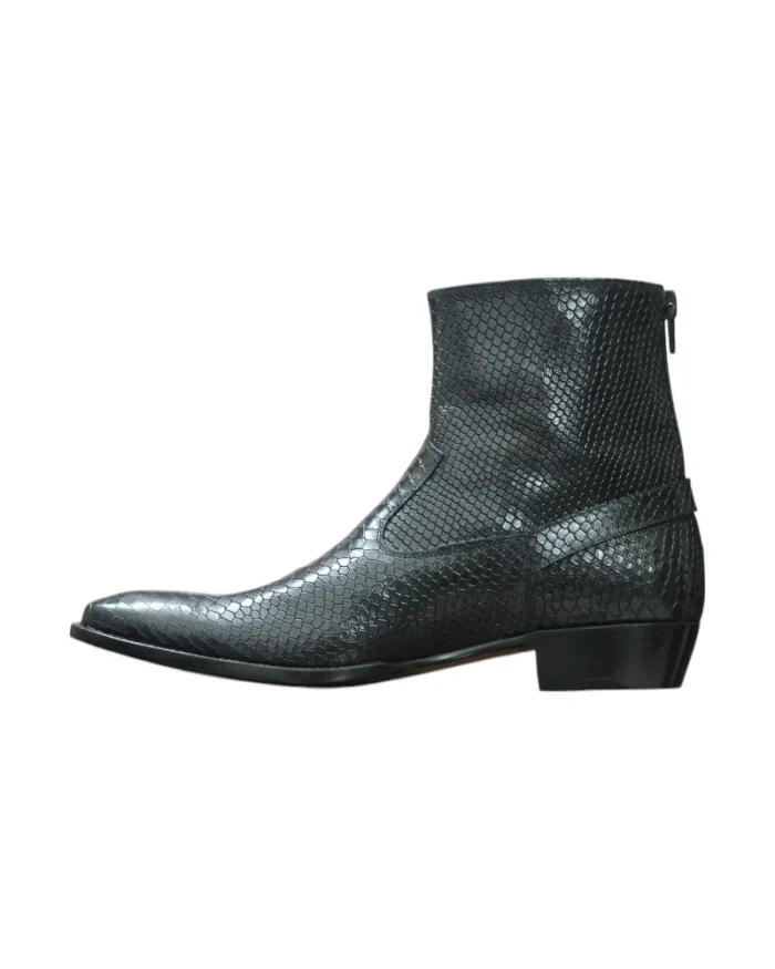 Black Side profile of Python Print Snake Leather Texture Shoes for Men with premium leather construction and an exotic snake print pattern