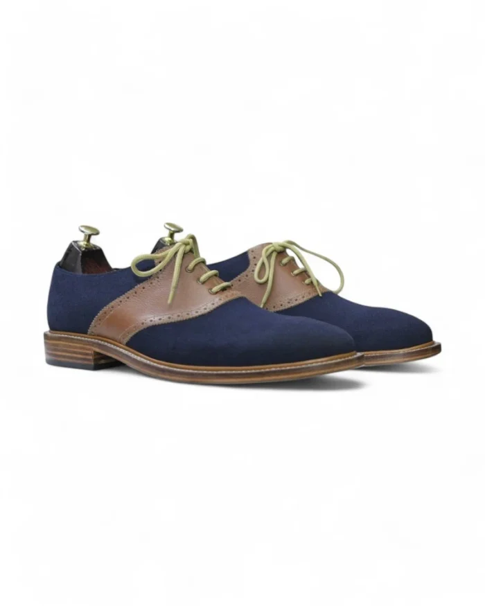 Side view of Handcrafted Navy Blue & Brown Suede Lace-Up Oxfords