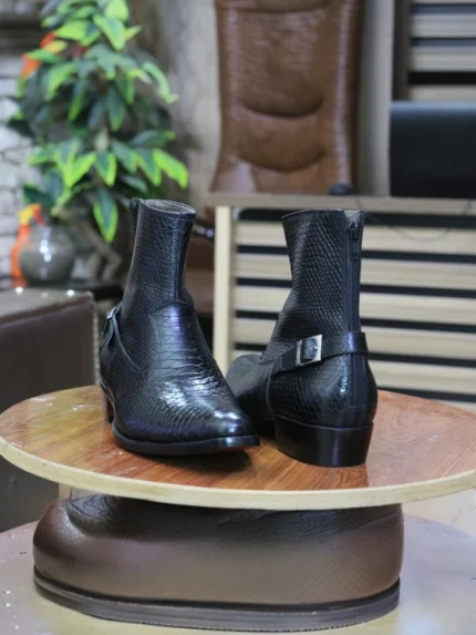 Python Print Snake Leather Texture Shoes styled with formal attire, perfect for elegant events and upscale gatherings
