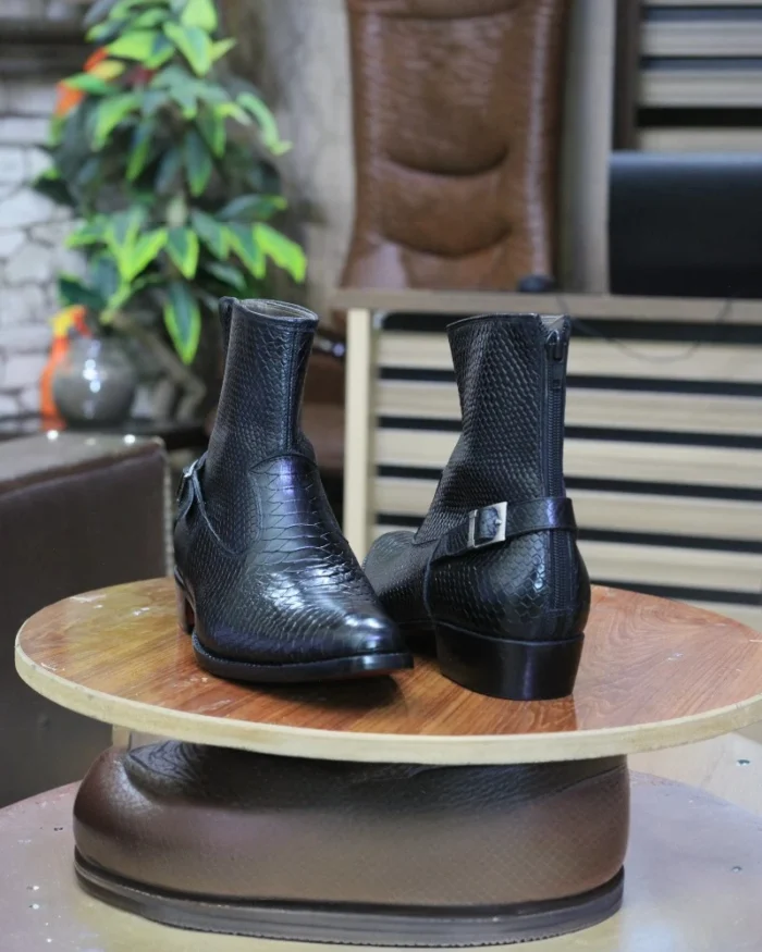 Python Print Snake Leather Texture Shoes styled with formal attire, perfect for elegant events and upscale gatherings