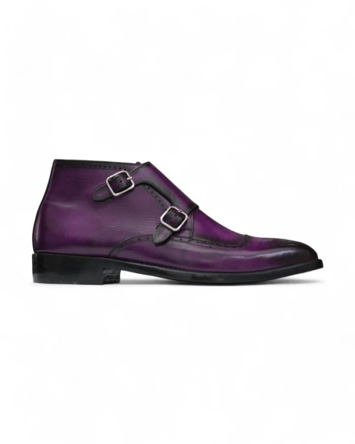 Elegant Purple Buckle Boots with intricate perforated details, crafted from premium leather for a timeless formal style
