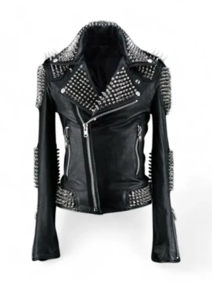 Front view of black leather jacket with silver spikes and studs