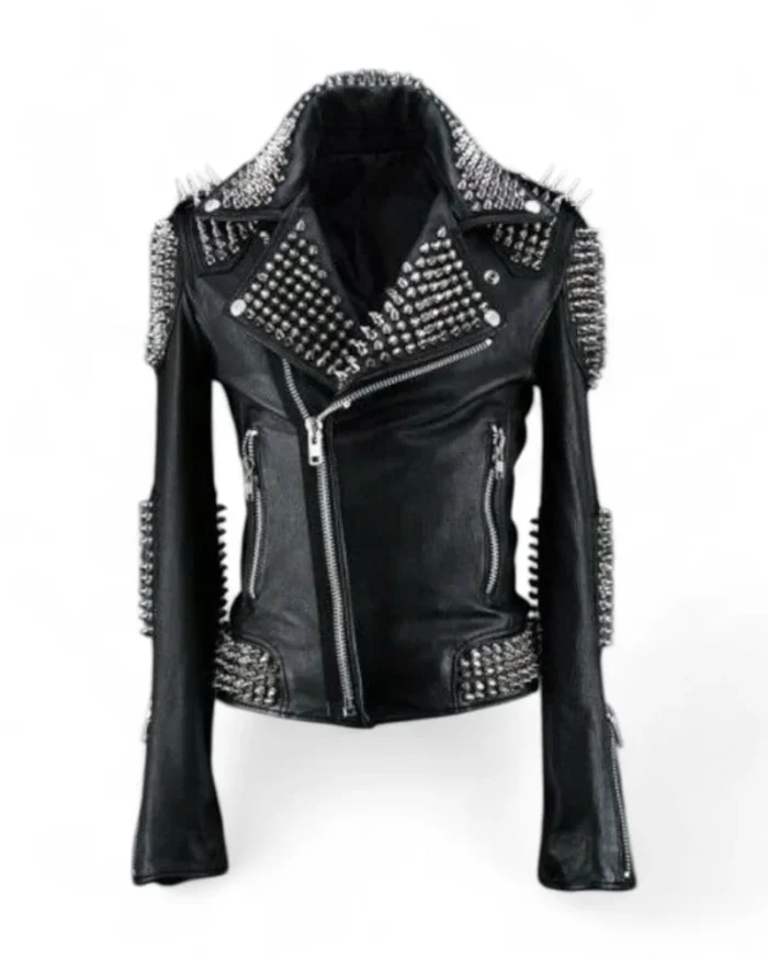 Handmade Men Black Punk Silver Long Spiked Studded Leather Jacket (2) Front view of black leather jacket with silver spikes and studs