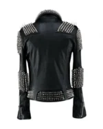 Back view of black leather jacket with silver studs and spikes