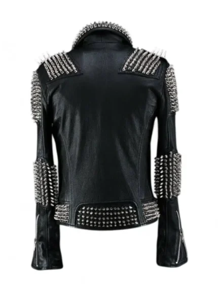 Back view of black leather jacket with silver studs and spikes