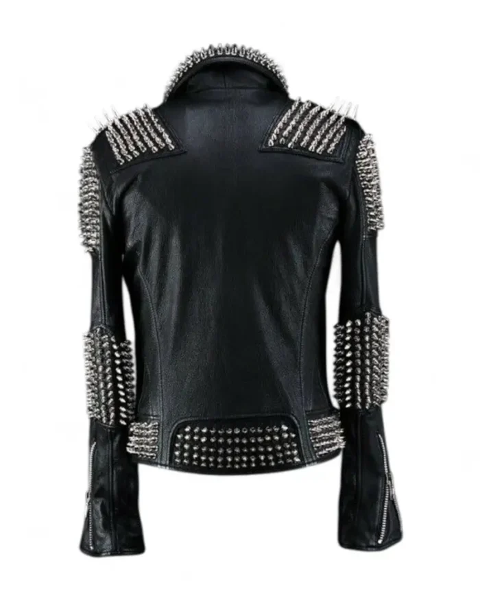 Back view of black leather jacket with silver studs and spikes