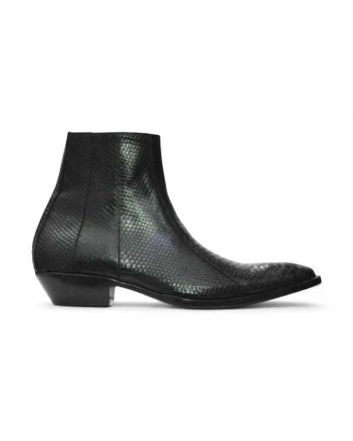Black leather sole of Men's Python Texture Ankle Zipper Boots