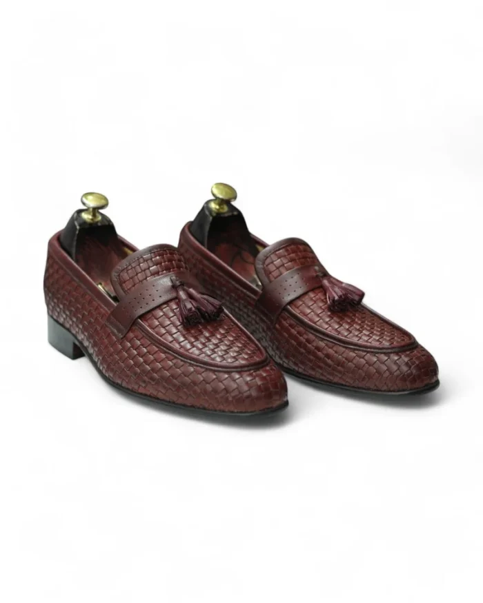 Side view of Men's Handmade Woven Brown Loafer Tussle Loafers