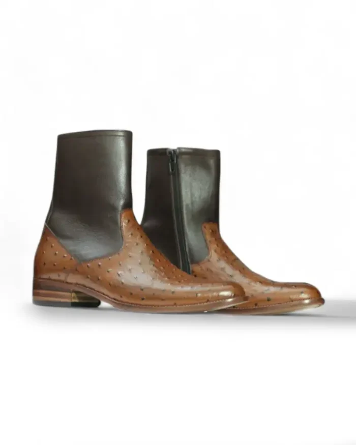 Men's Ostrich Ankle Zipper Boots – Back View with Leather Sole