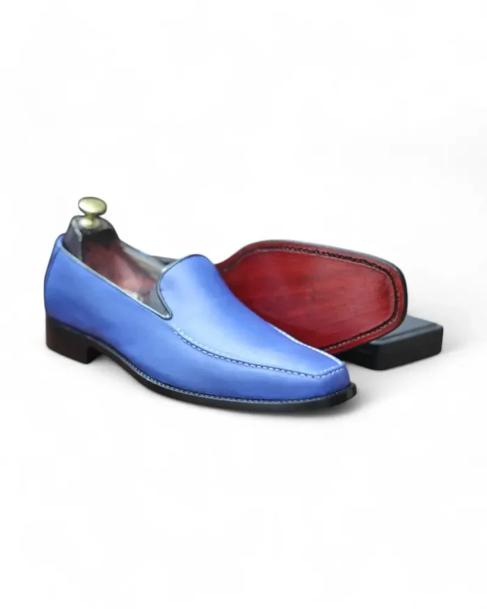 Handmade Designer Blue Penny Loafer Leather Shoes by Leather Edges – Stitching Close-Up