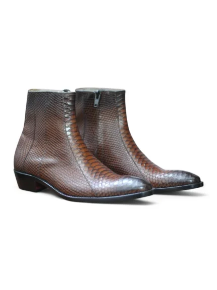 Back view of Men's Python Texture Brown Ankle Zipper Boots