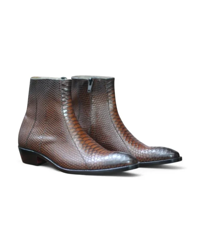 Back view of Men's Python Texture Brown Ankle Zipper Boots