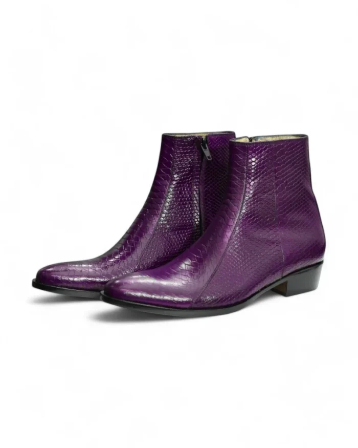 Side view of Men's Purple Ankle Zipper Boots with zipper closure