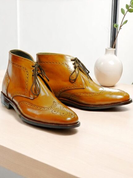 Men's Handmade Tan Leather Wing Tip Boot