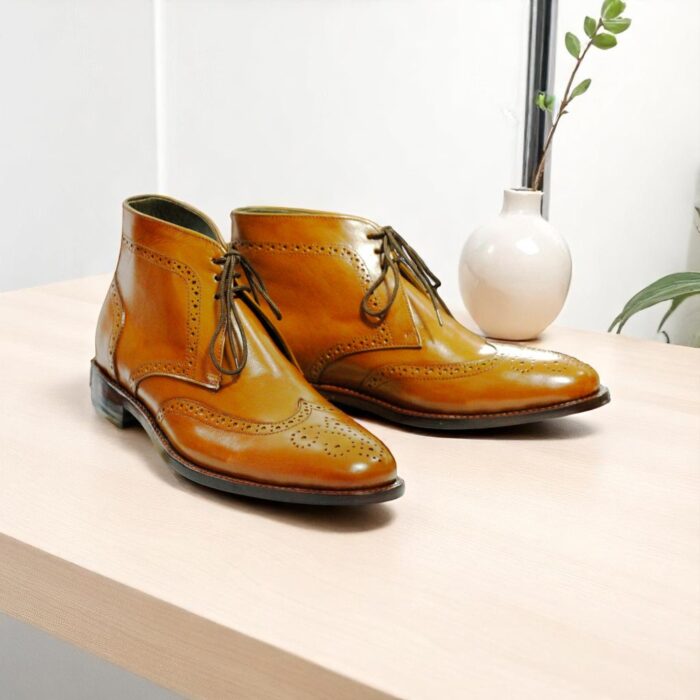 Men's Handmade Tan Leather Wing Tip Boot