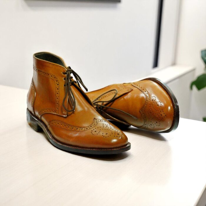 Men's Handmade Tan Leather Wing Tip Boot